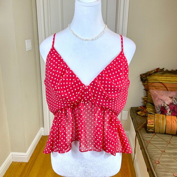 BCBGMAXAZRIA Top Crop Camisole Red White Polka Dot Flowy Peplum (M) - Picture 1 of 6